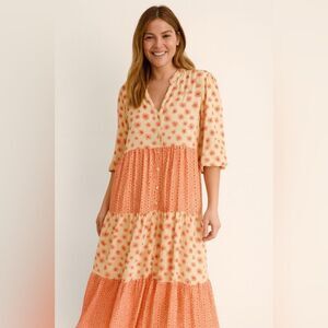 Victoria Dunn Cream & Pink Long Sleeve Dress